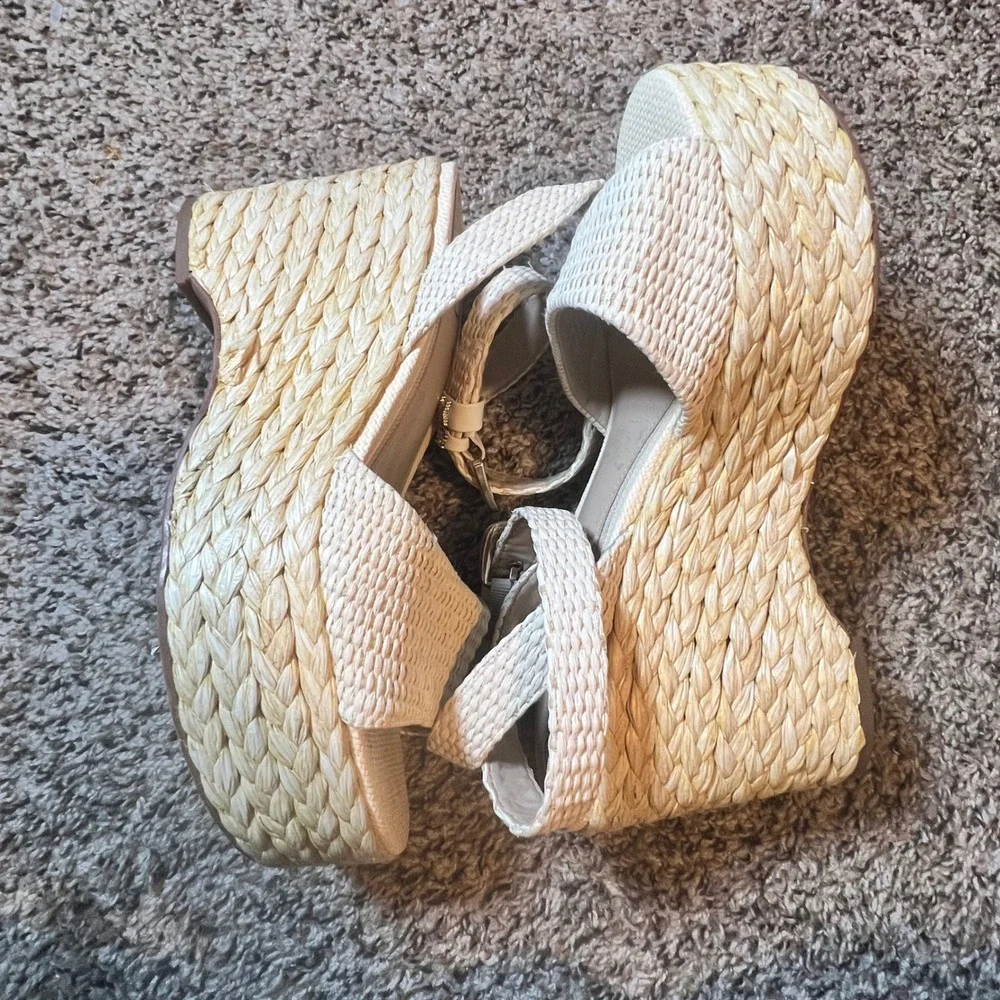 Sam Edelman Women Cream Woven Raffia Platform Wedge‎ Espadrille Sandals Size 10